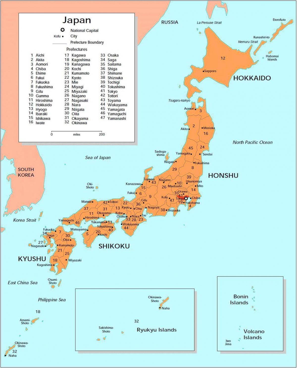 Mapa Japonii z głównymi miastami